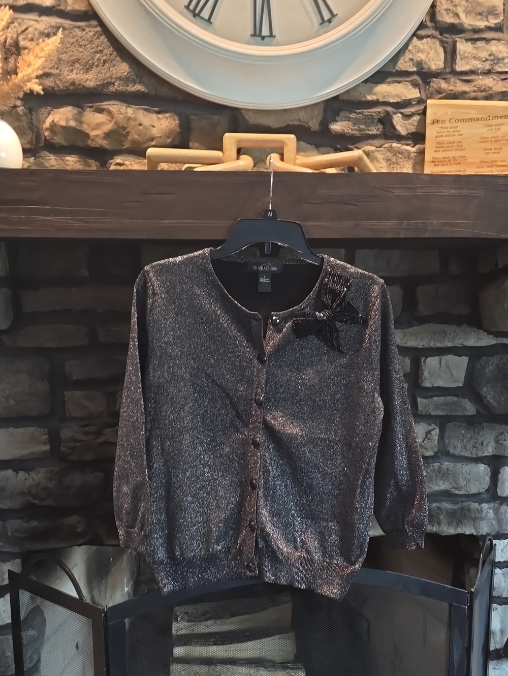 august silk Metallic Black Cardigan with Bow Accent